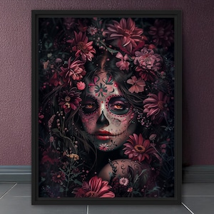 Sugar Skull Girl #2, Fine Art Print or Canvas, Optional Framing, Dia De Los Muertos, Day of the Dead Wall Art, Mexican Tradition Decor