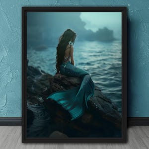 Siren&#39;s Solitude Mermaid Fine Art Print #2 , Canvas, Optional Framing, Ocean Artwork, Fantasy Mermaid Wall Decor, Coastal Seaside Wall Decor