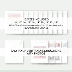 May include: A set of 10 printable PDF patterns for sewing a baby hat. The patterns include sizes 14 inches to 23 inches, or 35.5 cm to 58.5 cm, in head circumference. The patterns are easy to understand and include photos.