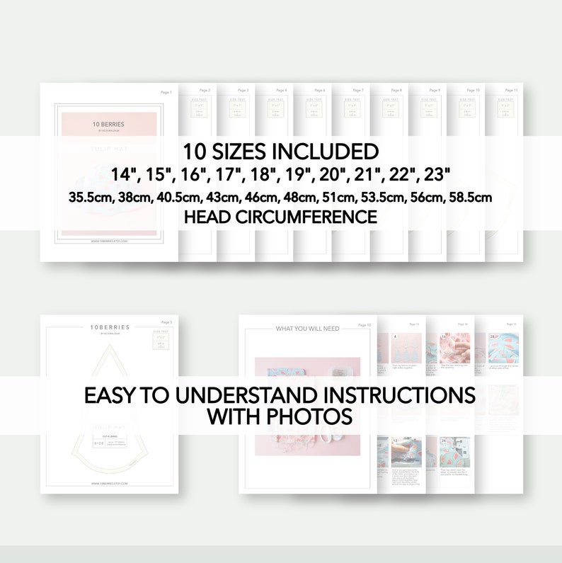 May include: A set of 10 printable PDF patterns for sewing a baby hat. The patterns include sizes 14 inches to 23 inches, or 35.5 cm to 58.5 cm, in head circumference. The patterns are easy to understand and include photos.