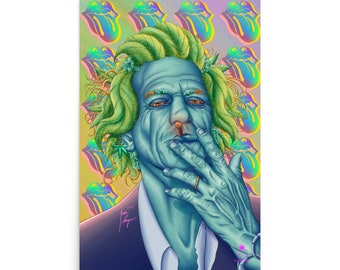May include: A digital illustration of a man with green hair and a blue face. He is wearing a suit and has a ring on his finger. The background is a yellow and blue pattern of lips.
