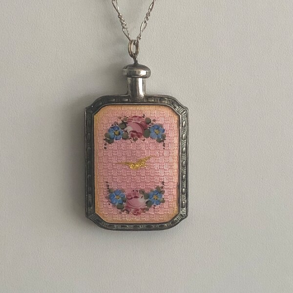 1920s Antique Edwardian Era 975 Sterling Silver and Guilloche Enamel Floral Double-Sided Perfume Bottle Necklace