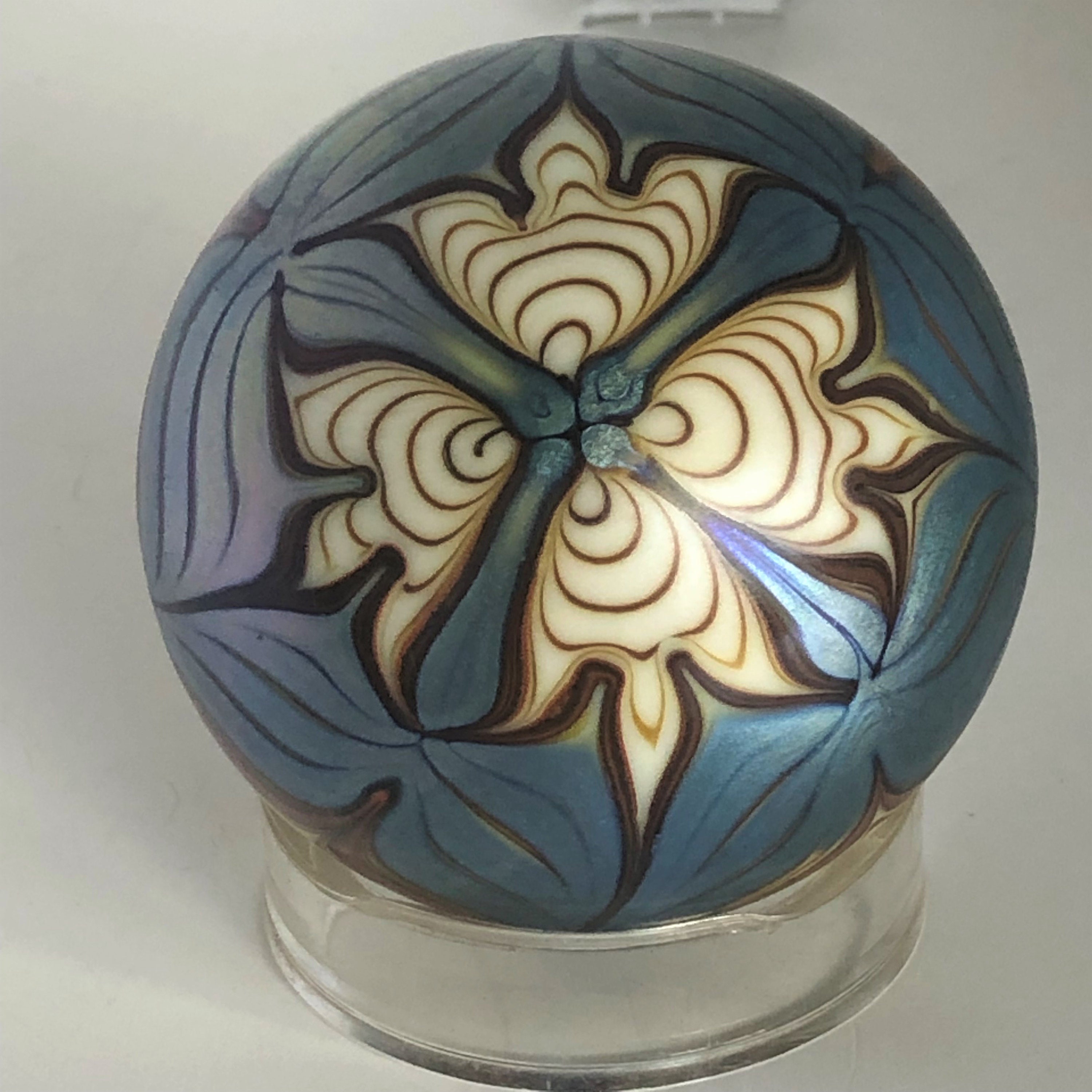 Vintage Orient & Flume Art Glass Blue Iridescent Pulled