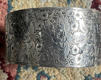 Antique Floral Victorian Silver Bangle Cuff Bracelet