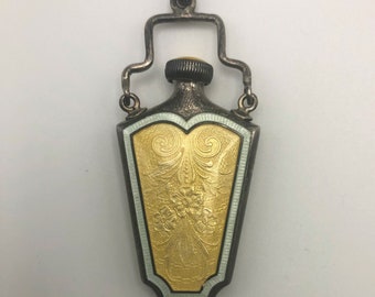 1920s Antique Art Deco Sterling Silver Guilloche Enamel Perfume Bottle Pendant
