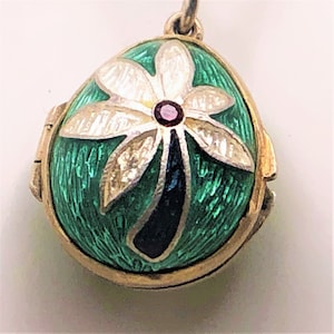Antique Faberge Style Sterling Silver Guilloche Enamel Egg Locket Pendant with Ruby stone