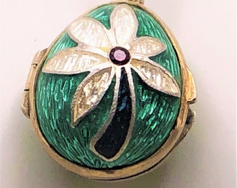 Antique Faberge Style Sterling Silver Guilloche Enamel Egg Locket Pendant with Ruby stone