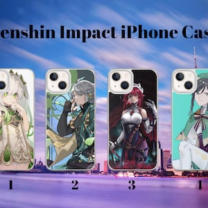 May include: Four different iPhone cases featuring characters from the video game Genshin Impact. The cases are clear with a printed image of a character on the back. The characters are a girl with green hair and a white dress, a boy with white hair and a green and blue outfit, a girl with red hair and a black and red outfit, and a girl with green hair and a green and white outfit.