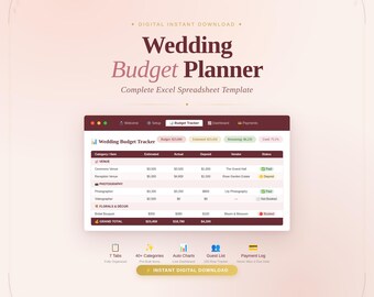 Planificador de presupuesto de boda (Plantilla de Excel, 7 pestañas) (Descarga instantánea)