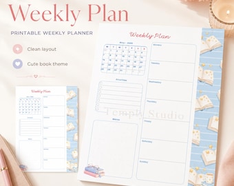 Cute Book Theme Weekly Planner | Printable and Digital Weekly Schedule | Student To Do List | Work Organizer | Instant Download PDF