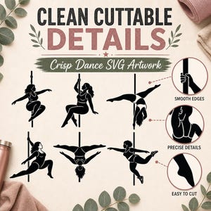 Op de afbeelding: Een digitale afbeelding met de tekst CLEAN CUTTABLE DETAILS en Crisp Dance SVG Artwork. Het toont zes zwarte silhouetten van personen in verschillende paaldanshoudingen, samen met drie cirkelvormige uitsneden met de labels SMOOTH EDGES, PRECISE DETAILS en EASY TO CUT.