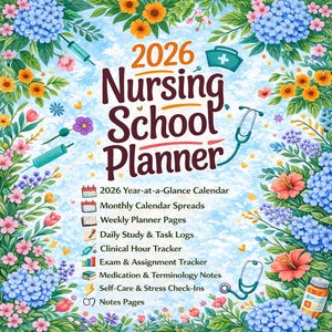 Könnte beinhalten: Ein farbenfroher 2026 Nursing School Planner mit floralen und medizinischen Illustrationen. Der Planer enthält Abschnitte für Kalender, Studienprotokolle und Medikamentennotizen. Das Design zeigt ein Stethoskop, Spritzen und eine Pillenflasche.
