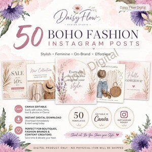 Puede incluir: Un conjunto de productos digitales con 50 plantillas de publicaciones de Instagram de moda boho. El diseño incluye acentos de acuarela rosa suave, ilustraciones florales y texto como 50 BOHO FASHION INSTAGRAM POSTS y Canva Editable.