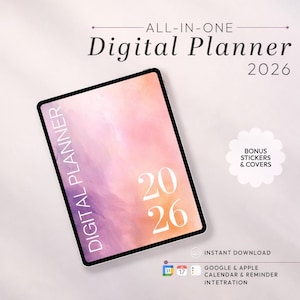 Op de afbeelding: Een digitale planner voor 2026 op een tablet. Het scherm toont een aquarelontwerp in roze en perzik met de cijfers "20 26". Tekst omvat "ALL-IN-ONE Digital Planner", "DIGITAL PLANNER", "BONUS STICKERS & COVERS" en "INSTANT DOWNLOAD".