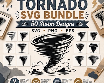 50 Paquete SVG de silueta de tornado ? Archivos de corte SVG de tormenta para Cricut ? Imágenes Prediseñadas De Tornado PNG | Diseños