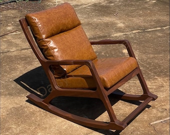 Mid Century Wooden Rocking Chair with Brown Cushions, Upholstered Wood Rocker, Lounge Reading Accent Chair, Living Room Furniture