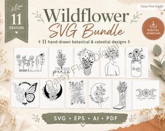 Paquete SVG de flores silvestres ? Arte de línea SVG celestial | Gráficos botánicos | Imágenes Prediseñadas de Luna y Estrellas | Archivos