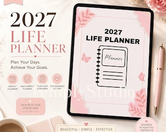Planificador de vida 2027 digital | Planificador diario semanal y mensual con fecha | Diseño floral rosa para iPad y Goodnotes