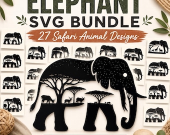Paquete SVG de 27 elefantes ? Escena de animales de Safari SVG ? Archivos Cricut de silueta de elefante ? Imágenes Prediseñadas De Animales