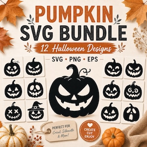 12 Pumpkin Face SVG Bundle | Jack O Lantern SVG | Halloween Cut Files | Spooky Pumpkin Designs | Carving Stencil