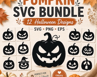 12 Paquete SVG de cara de calabaza ? Jack O Linterna SVG ? Archivos de corte de Halloween ? Diseños de calabazas espeluznantes | Plantilla