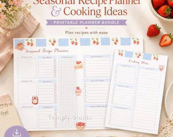 Planificador de recetas de fresas imprimible | Lindo planificador de comidas y organizador de cocina | Plantilla de ideas de cocina de