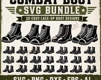 Paquete SVG de bota de combate ? 30 Imágenes Prediseñadas de silueta de bota | Bota militar del ejército PNG | Vector de zapato punk gótico