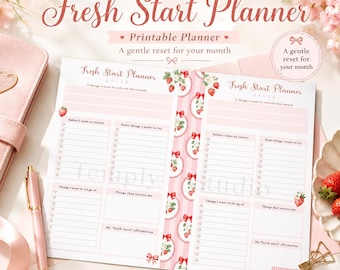 Planificador de nuevo comienzo imprimible | Página del diario de reinicio mensual de Strawberry Aesthetic | Inserto sobre cuidado personal