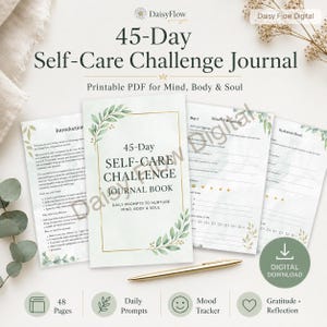 Könnte beinhalten: Ein 45-Tage-Selbstpflege-Challenge-Journal als druckbares PDF mit einem goldgeränderten Einband und grünen Blattillustrationen. Das Journal enthält eine Einleitung, tägliche Anregungen für Körper und Geist, einen Stimmungstracker und einen goldenen Stift.
