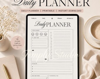 Daily Planner Printable with Mood Tracker | Elegant Hourly Schedule PDF, Instant Download, Gratitude Journal, Focus Productivity Planner