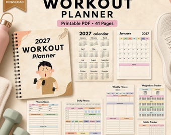 Planificador de entrenamiento 2027 PDF imprimible | Diario y registro de fitness digital | Rastreador de salud y bienestar | Seguimiento de
