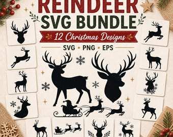 Paquete SVG de silueta de reno de 12 | SVG de Navidad compatible con Cricut ? Trineo de Santa SVG ? Archivos de silueta de ciervo ?