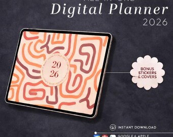 Agenda digital horizontal 2026 para iPad, PDF con hipervínculos para GoodNotes y Notability, planificador semanal y mensual, seguimiento de objetivos.