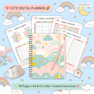 Può includere: Un'agenda digitale a spirale con una copertina pastello con nuvole e arcobaleni, accompagnata da uno stilo rosa. L'agenda mostra pagine interne che includono un programma settimanale, un tracker delle abitudini, una lista di controllo e grafici.
