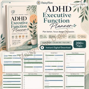 Op de afbeelding: Een digitale ADHD Executive Function planner met 200+ pagina's, voorzien van een omslag met plantillustratie en tekst. Bevat sjablonen voor dagelijkse, wekelijkse en maandelijkse planning, gewoonte-trackers en tools voor tijdsblindheid in PDF.