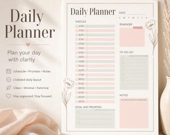 Daily Planner Printable | Undated Daily Schedule PDF, Instant Download, Hourly Planner, To-Do List, Goal & Priority Tracker, Feminine