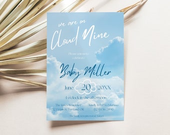 LUCY | We are on Cloud Nine Baby Shower Invitation Template, Cloud 9 Theme Baby Shower Printable Invitation, Canva Template