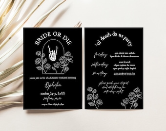 OPHELIA | Bride or Die Halloween Bachelorette Invite, Fall Bachelorette Invite, Til Death Do Us Party Itinerary Template, Canva Template