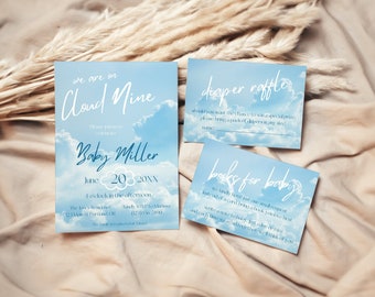 LUCY | We are on Cloud Nine Baby Shower Bundle, Cloud 9 Theme Baby Shower Printable Invitation, Books for Baby, Diaper Raffle, Shower Suite