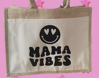 Mama Vibes Smiley Jutetasche mit front Pocket