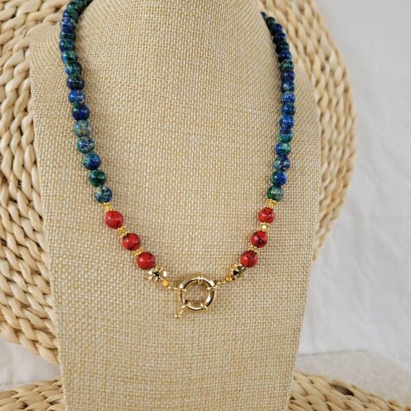 Lapis Lazuli et Pierre Pastille Rouge, Collier Femme, Très Chic