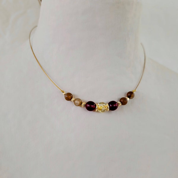 Collier Ras de Cou, Perles Oeil de Tigre, Perles en Verre Casse Transparente