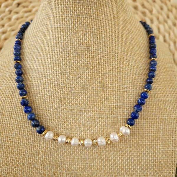 Lapis Lazuli, Perle d'eau Douce, Ras de Cou