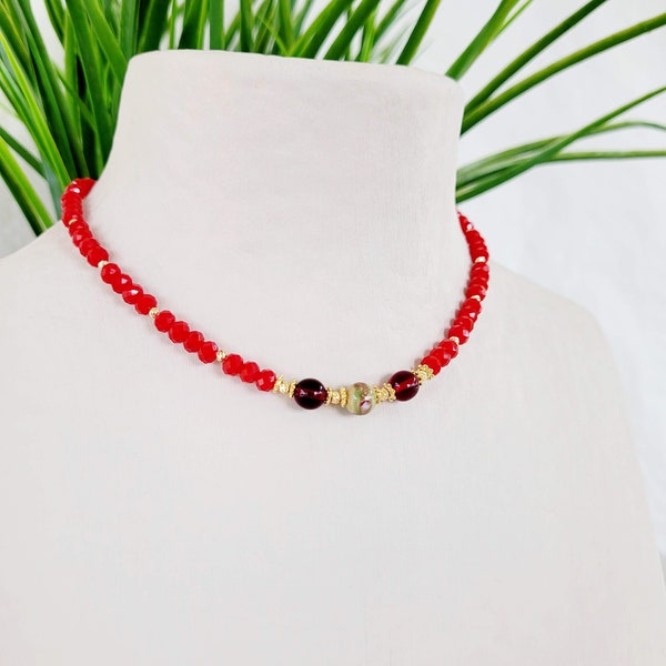 Ras De Cou, Glass Beads, Brilliant Red