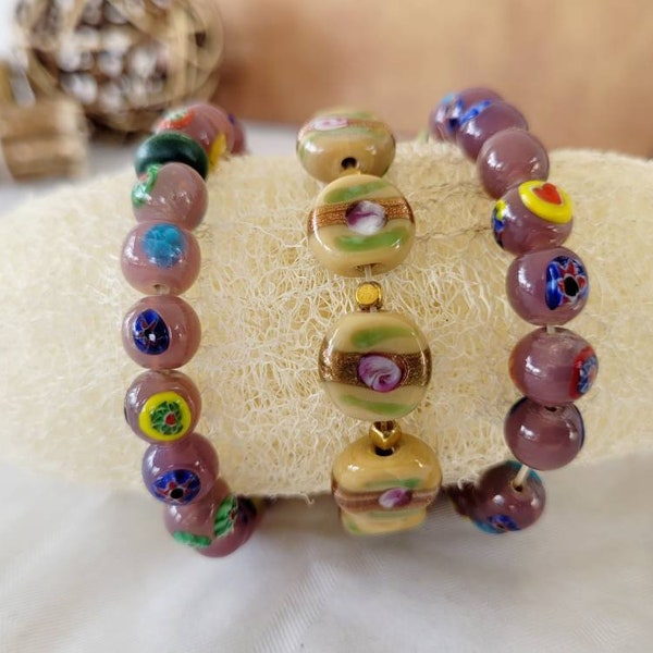 3 Bracelet Ensemble, Perle en Verre, Violet, Bracelet Femme