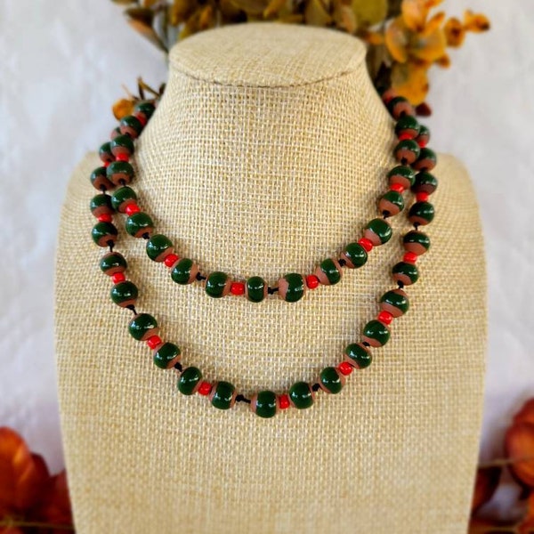 Long Necklace, Pearl Necklace, Green and Brown