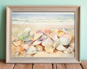 Beach Art, Printable Beach Wall Art, Beach Digital Art Download, Home Decor, Coastal Decor, Vintage Decor, Printable Art, Seashells
