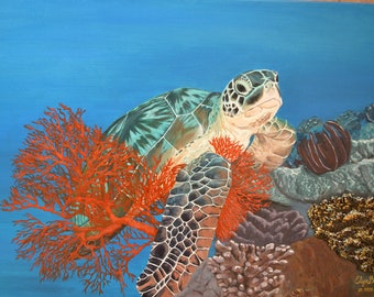 Oil painting on canvas 50\70 "Turtle in the sea with corals"