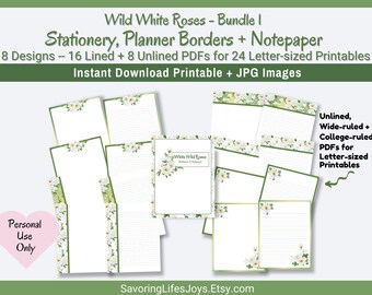 Wild White Roses Printable Stationery Bundle 1. Lined + Unlined US Letter-size, Planner borders. PDF, JPEG. Instant Download.