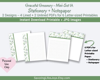Graceful Greenery Printable Stationery Mini-Set 1A. Lined + Unlined US Letter-sized Notepaper, Planner borders. PDF, JPEG. Instant Download.